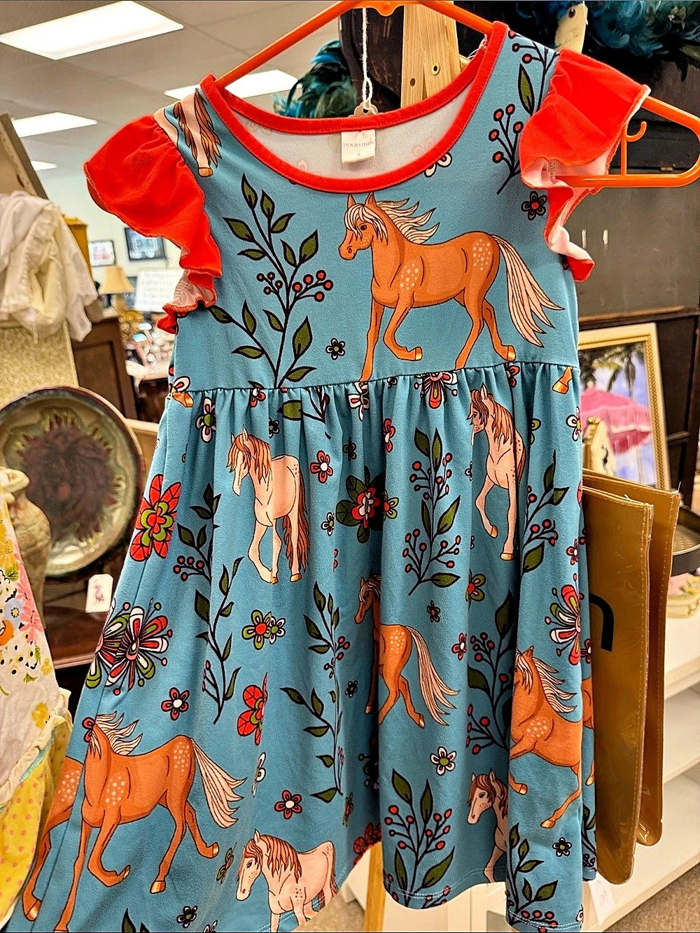 Penelope Plum Horse Print Dress Blue & Orange